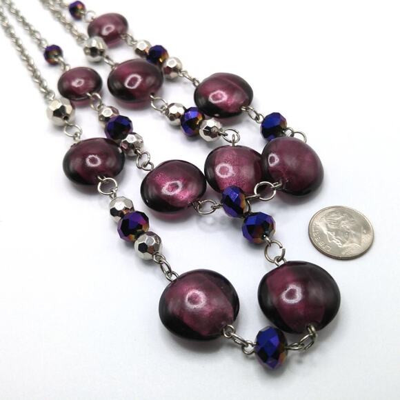 Purple Flat Round Beaded Necklace, Purple Crystal Beads, Two Strands, 24 Inches - Picture 8 of 10